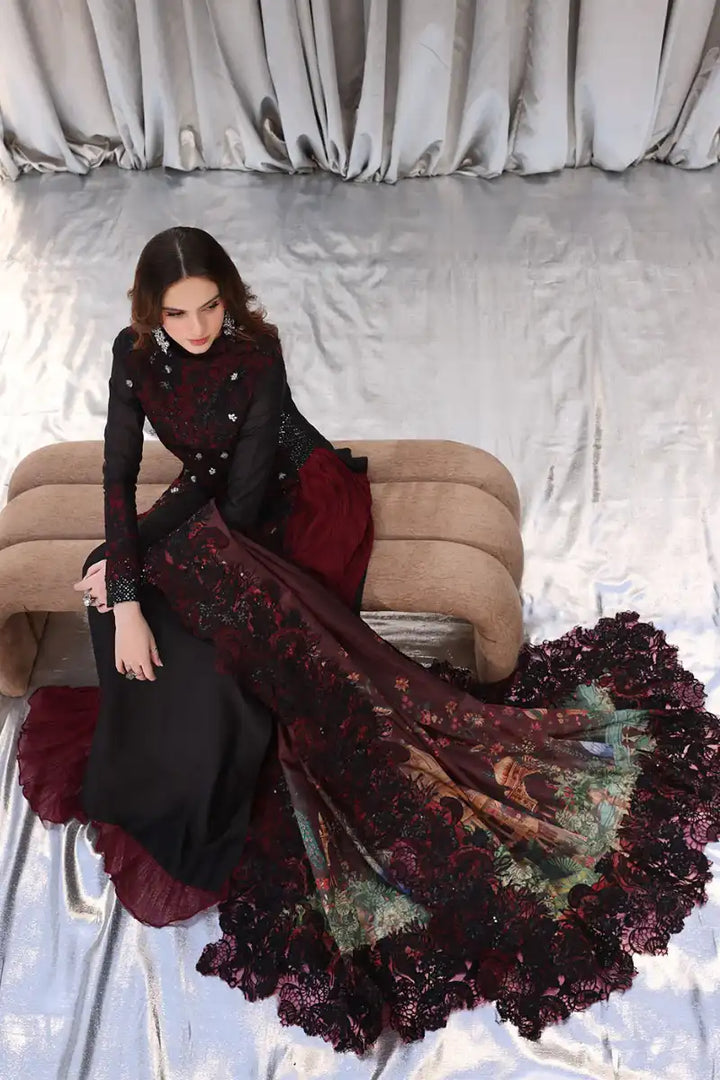 Musferah Saad - Crimson Noir - Black - Tissue Silk & Chiffon - 3 Piece