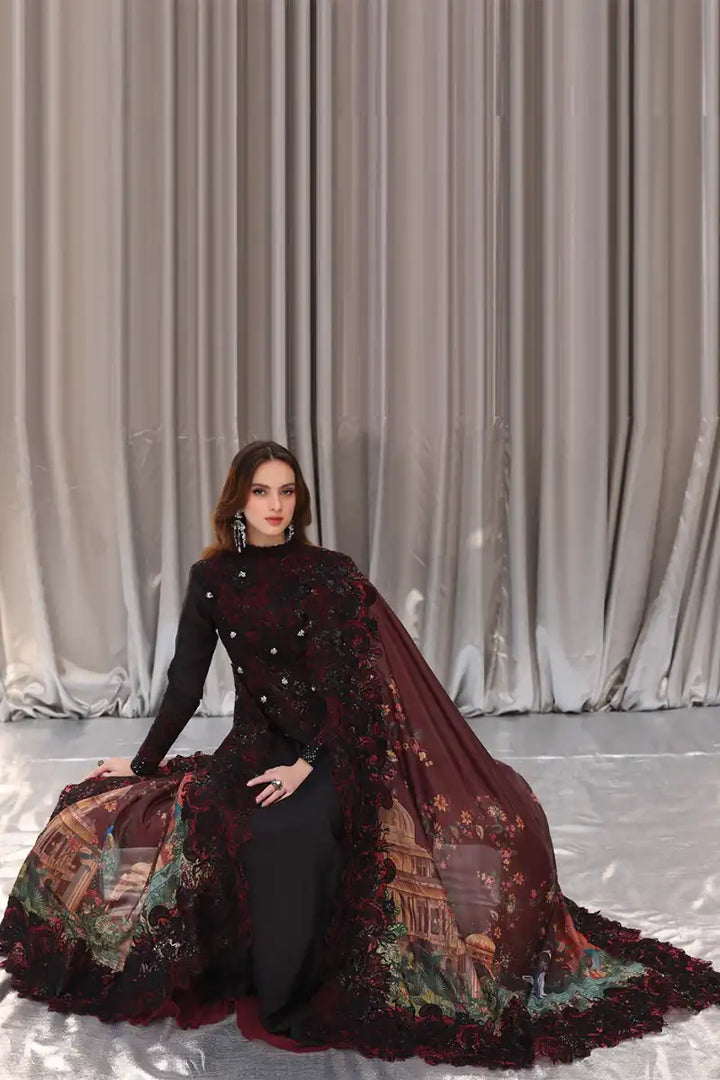 Musferah Saad - Crimson Noir - Black - Tissue Silk & Chiffon - 3 Piece