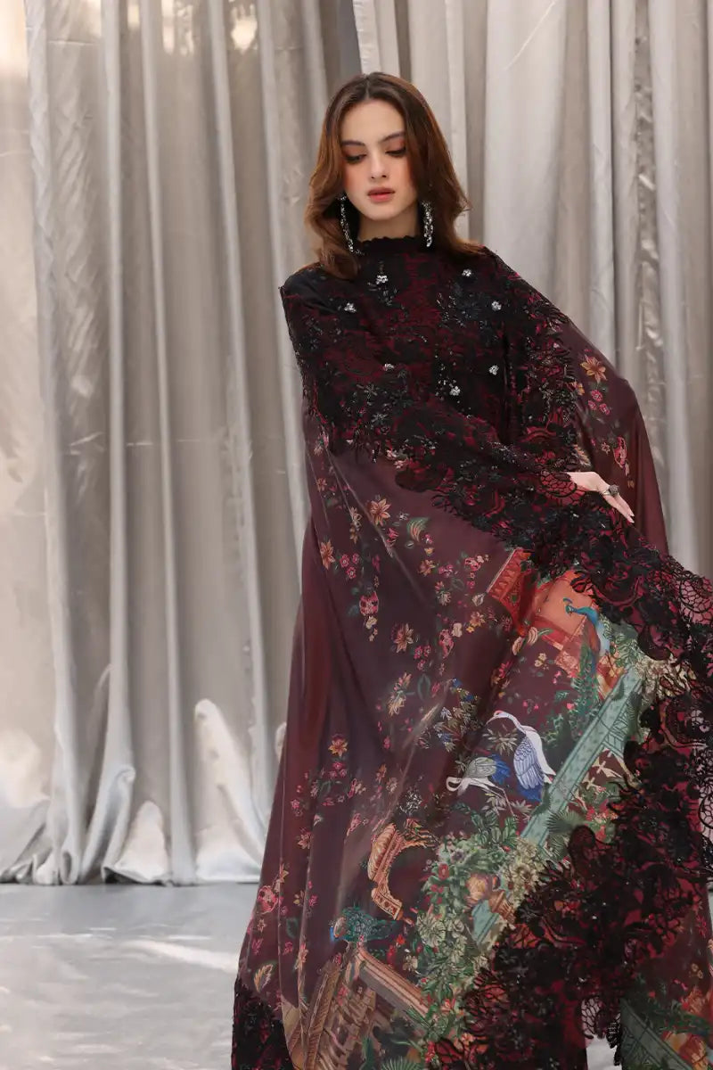 Musferah Saad - Crimson Noir - Black - Tissue Silk & Chiffon - 3 Piece