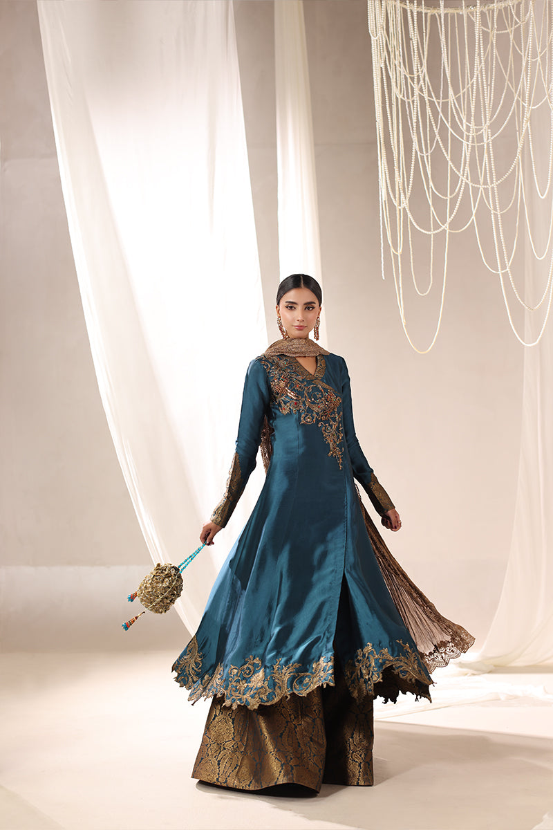 Musferah Saad - Teal Temptress Tissue Silk Peshwas For Women - 3 piece