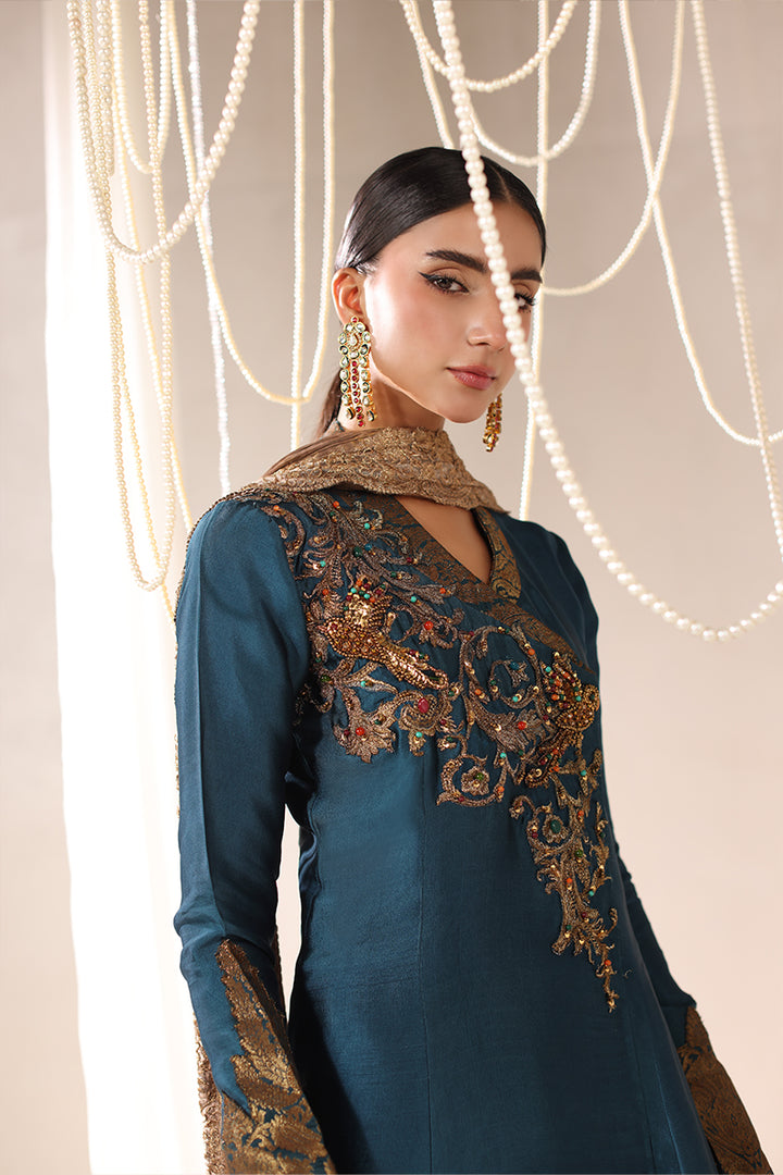 Musferah Saad - Teal Temptress Tissue Silk Peshwas For Women - 3 piece