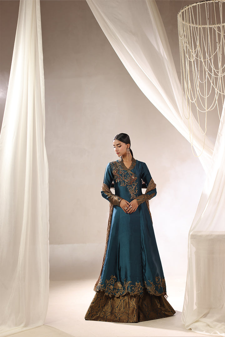 Musferah Saad - Teal Temptress Tissue Silk Peshwas For Women - 3 piece
