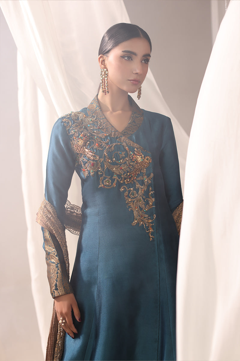 Musferah Saad - Teal Temptress Tissue Silk Peshwas For Women - 3 piece