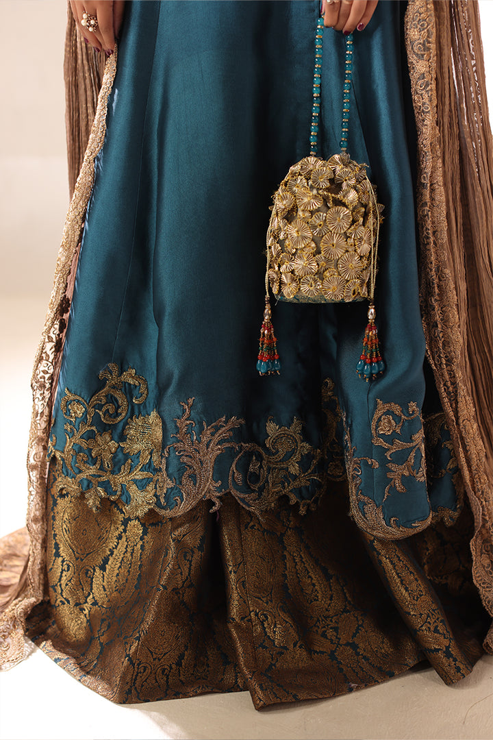 Musferah Saad - Teal Temptress Tissue Silk Peshwas For Women - 3 piece