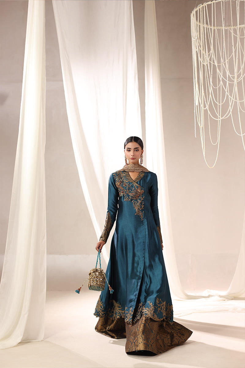 Musferah Saad - Teal Temptress Tissue Silk Peshwas For Women - 3 piece