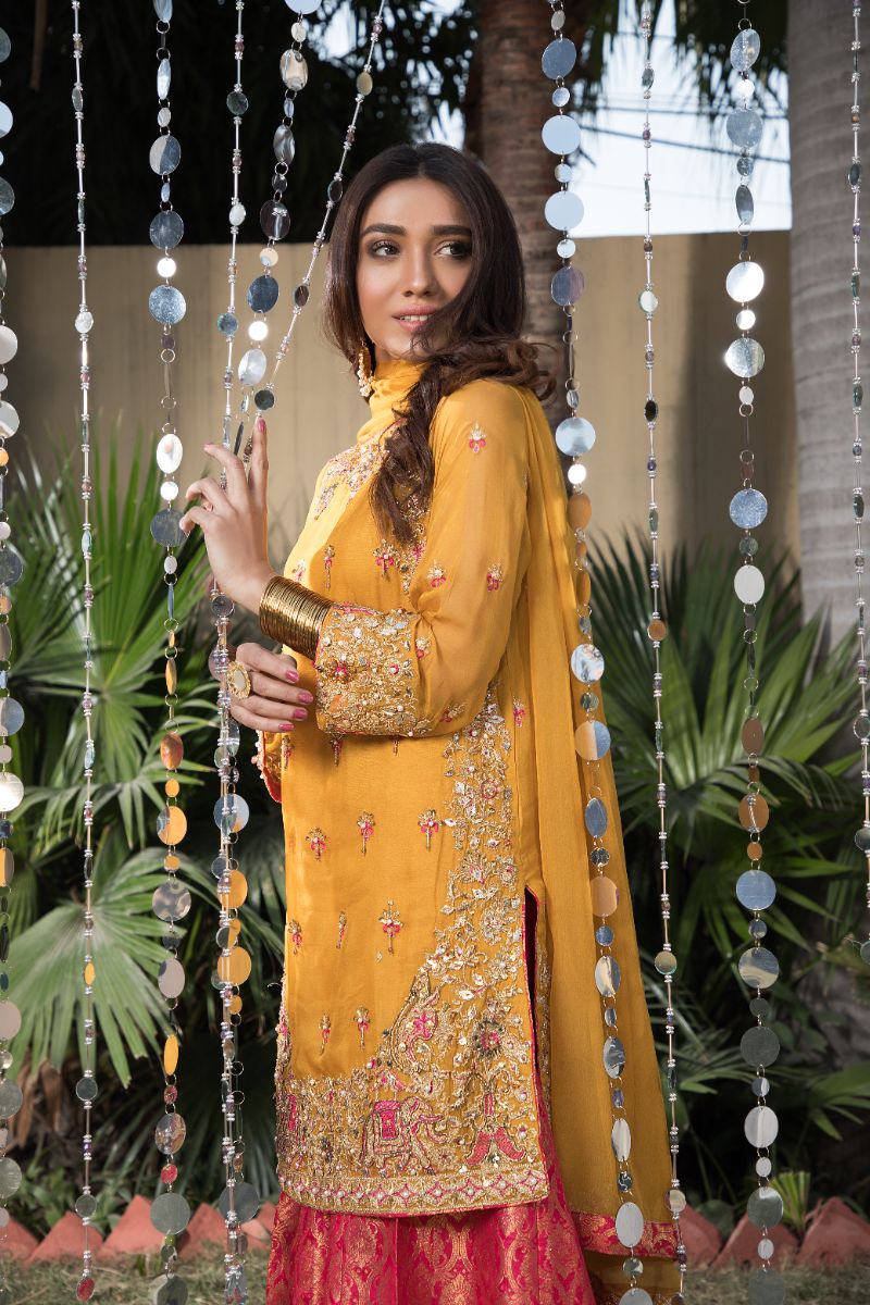 Laleen - Mustard Festive Chiffon Sharara For Women - Mustard - 3 Piece