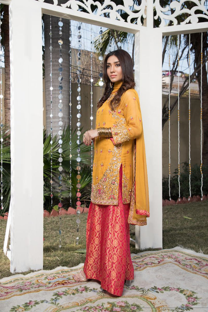 Laleen - Mustard Festive Chiffon Sharara For Women - Mustard - 3 Piece