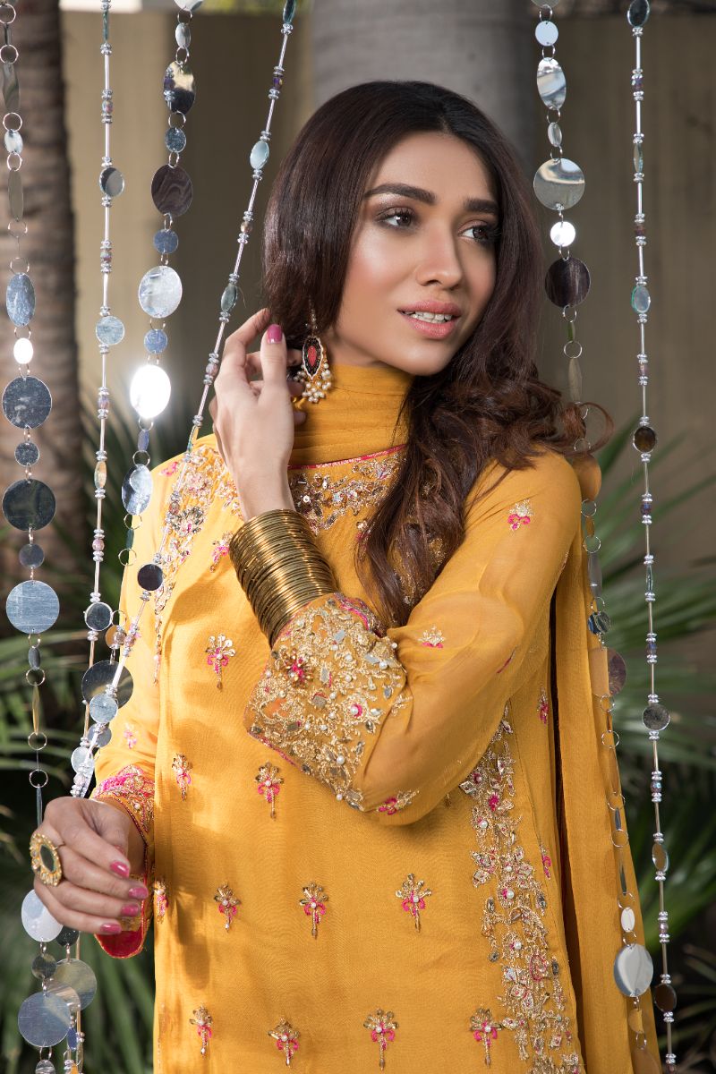 Laleen - Mustard Festive Chiffon Sharara For Women - Mustard - 3 Piece