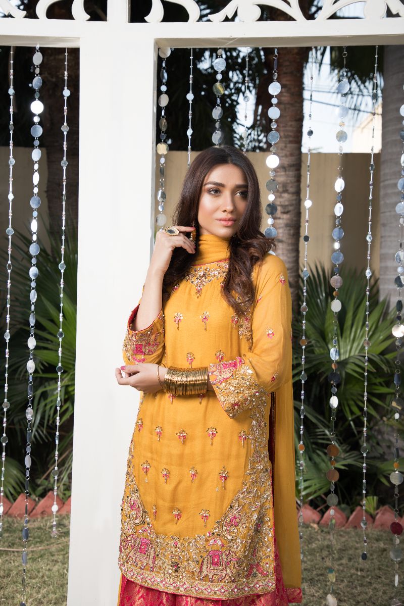 Laleen - Mustard Festive Chiffon Sharara For Women - Mustard - 3 Piece