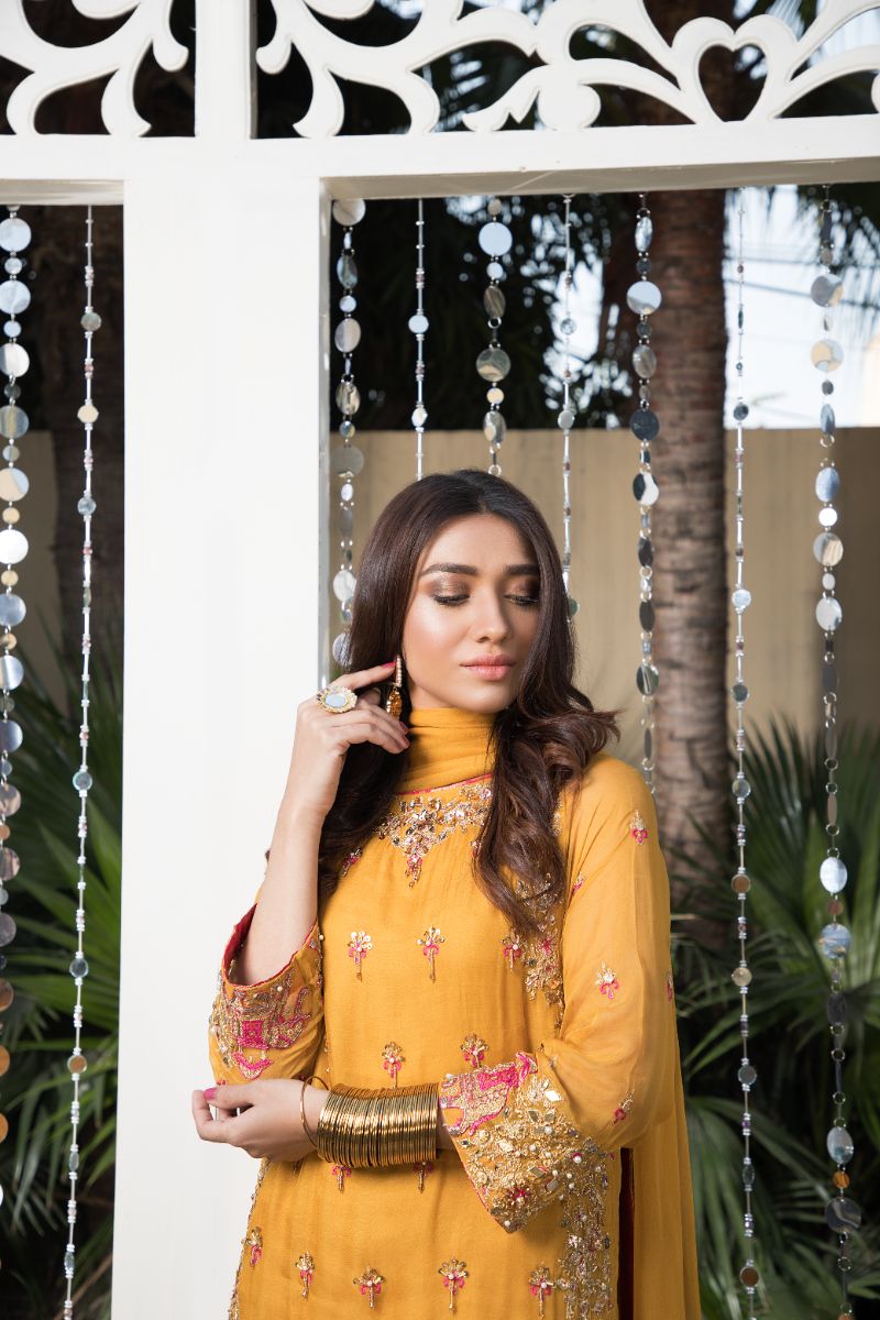 Laleen - Mustard Festive Chiffon Sharara For Women - Mustard - 3 Piece