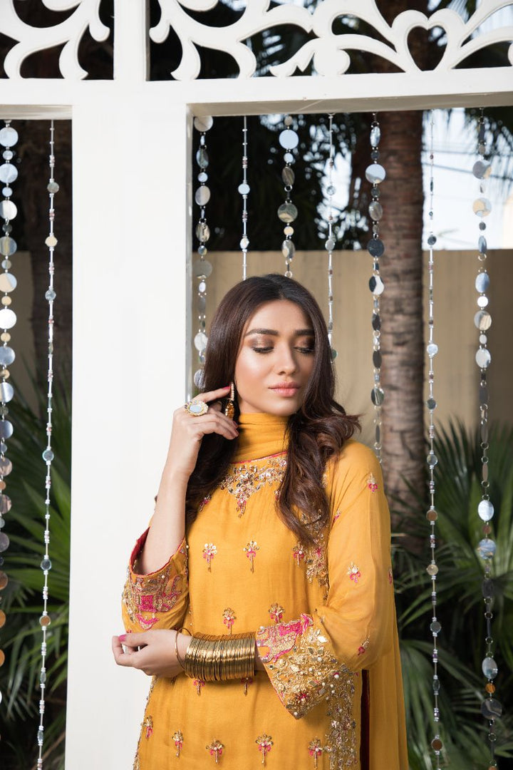 Laleen - Mustard Festive Chiffon Sharara For Women - Mustard - 3 Piece