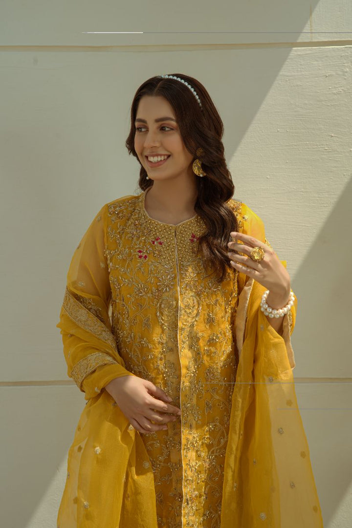 Laleen - Mustard Jewel Organza Suit For Women - Mustrad - 3 Piece