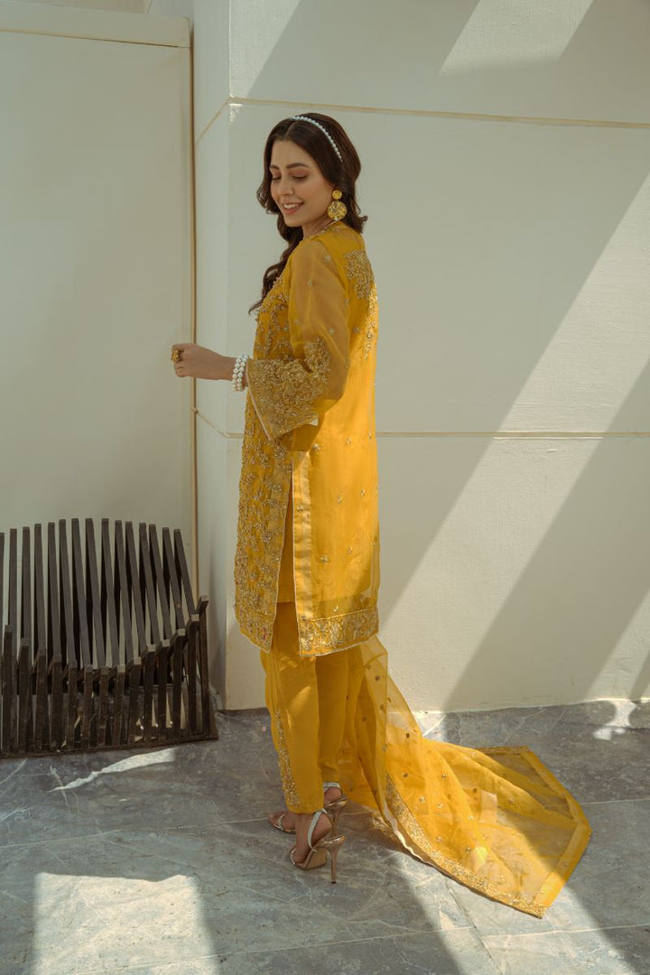 Laleen - Mustard Jewel Organza Suit For Women - Mustrad - 3 Piece