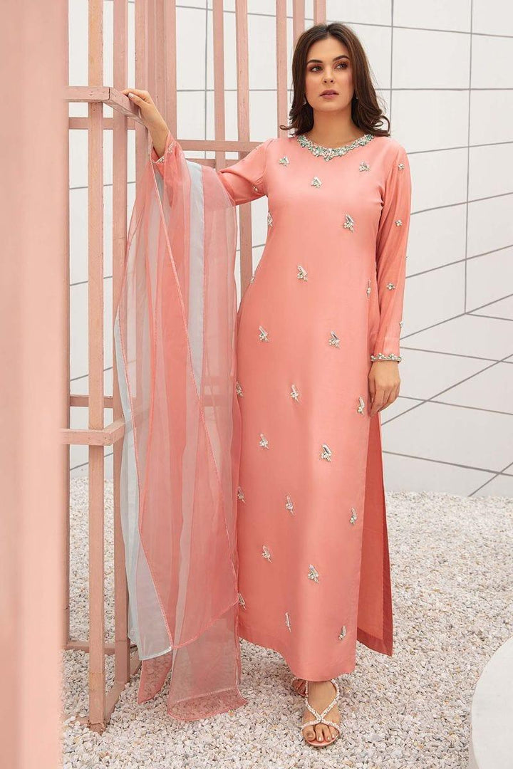 NAIMAL KHAWAR in Allure by Ih - FIRST BLUSH Katan Silk Suit For Women - Rose Pink - 3 Piece