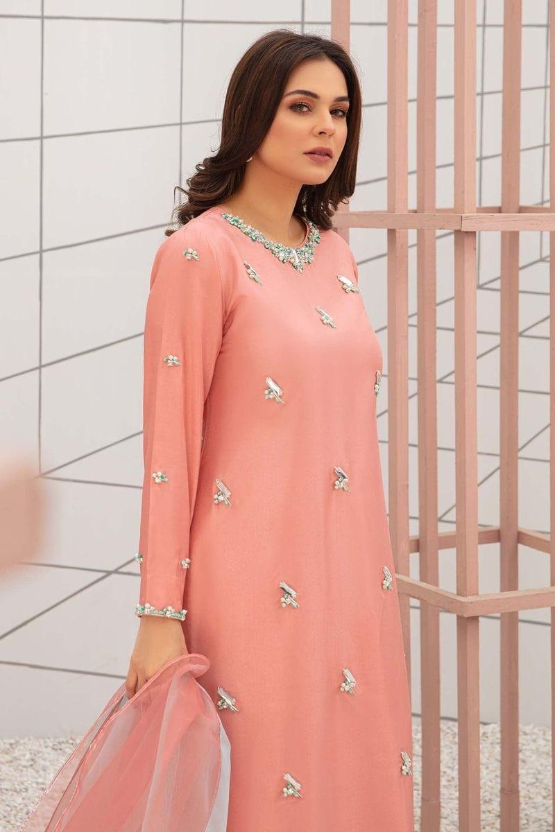 NAIMAL KHAWAR in Allure by Ih - FIRST BLUSH Katan Silk Suit For Women - Rose Pink - 3 Piece