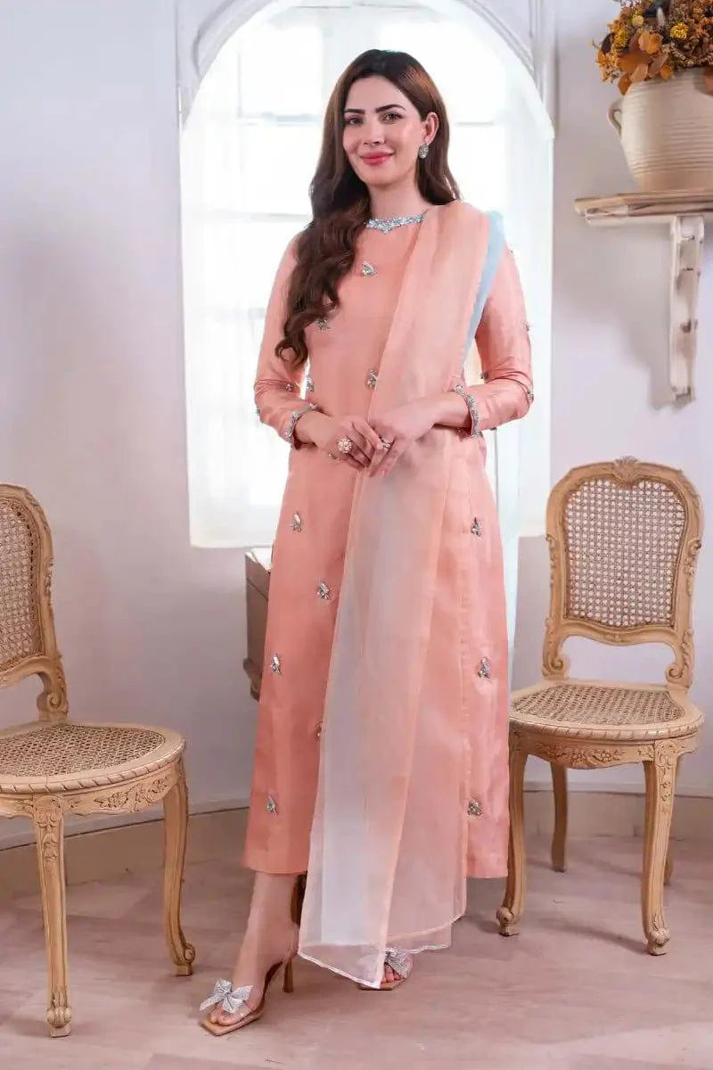 NAIMAL KHAWAR in Allure by Ih - FIRST BLUSH Katan Silk Suit For Women - Rose Pink - 3 Piece