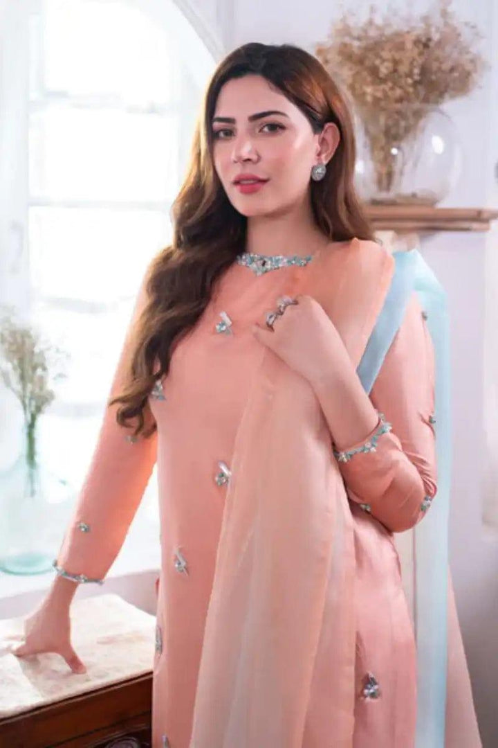 NAIMAL KHAWAR in Allure by Ih - FIRST BLUSH Katan Silk Suit For Women - Rose Pink - 3 Piece