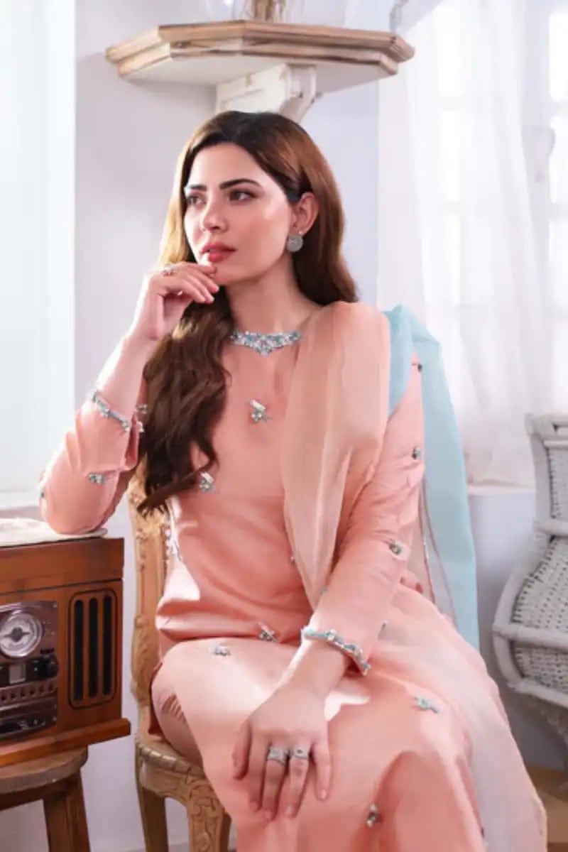NAIMAL KHAWAR in Allure by Ih - FIRST BLUSH Katan Silk Suit For Women - Rose Pink - 3 Piece