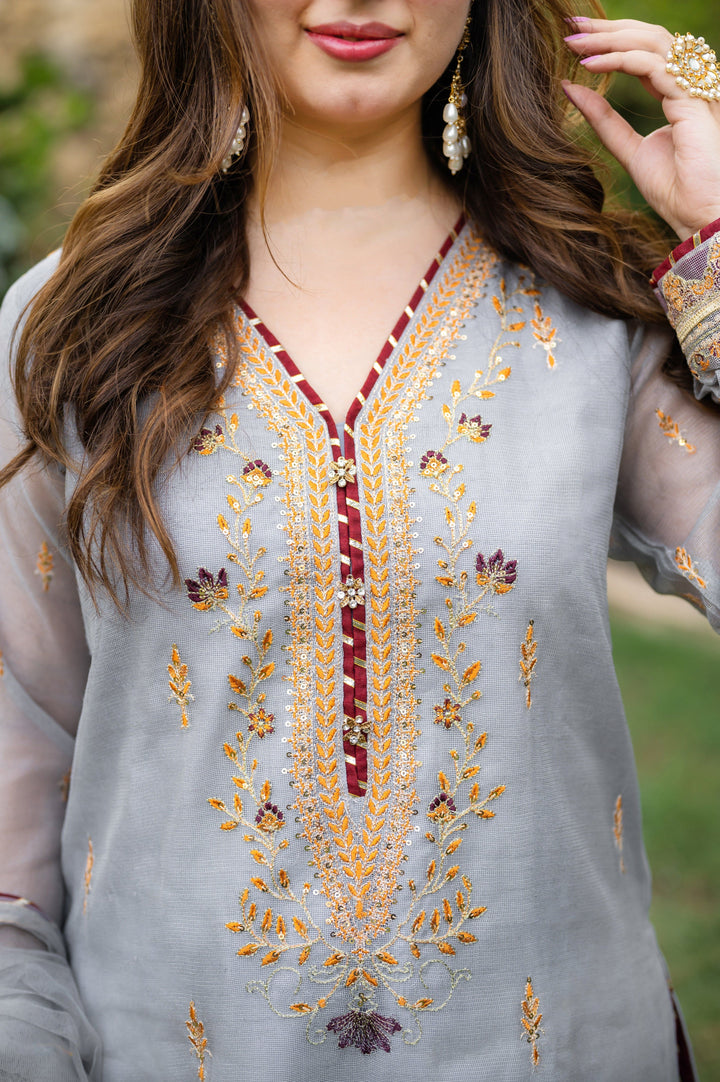 Omal by Komal - Dameen - Gray - Net - 3 Piece