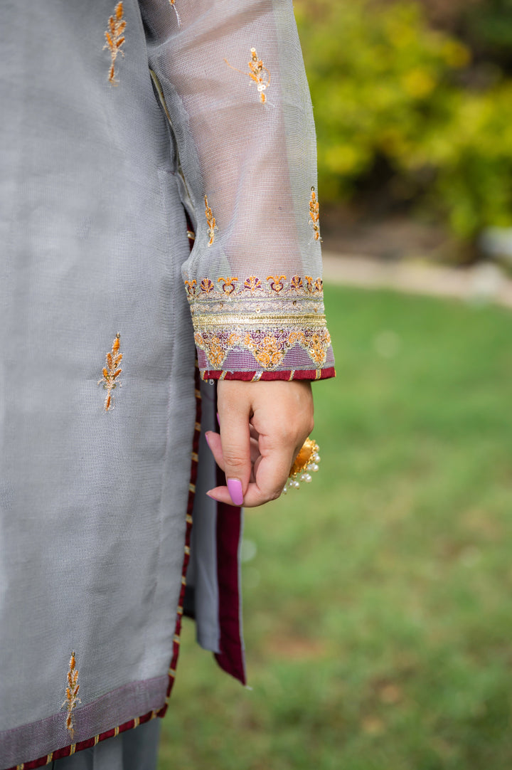 Omal by Komal - Dameen - Gray - Net - 3 Piece