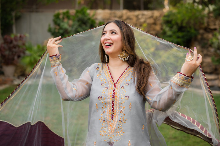 Omal by Komal - Dameen - Gray - Net - 3 Piece