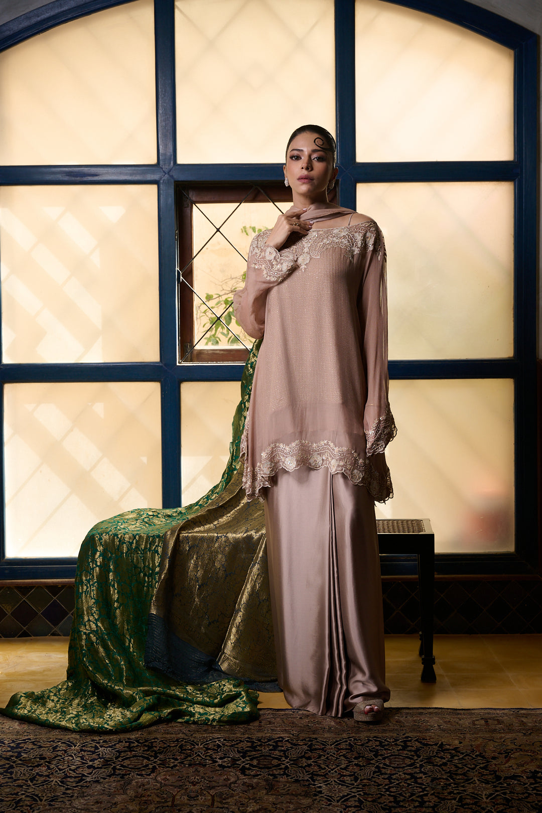 Maheen Khan - Venetian Lace  - DUSTY PINK - BLENDED SILK - 3 Piece