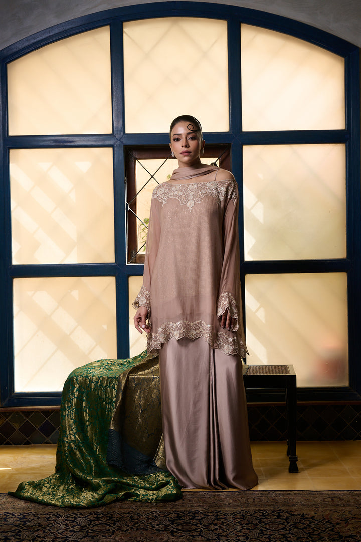 Maheen Khan - Venetian Lace  - DUSTY PINK - BLENDED SILK - 3 Piece