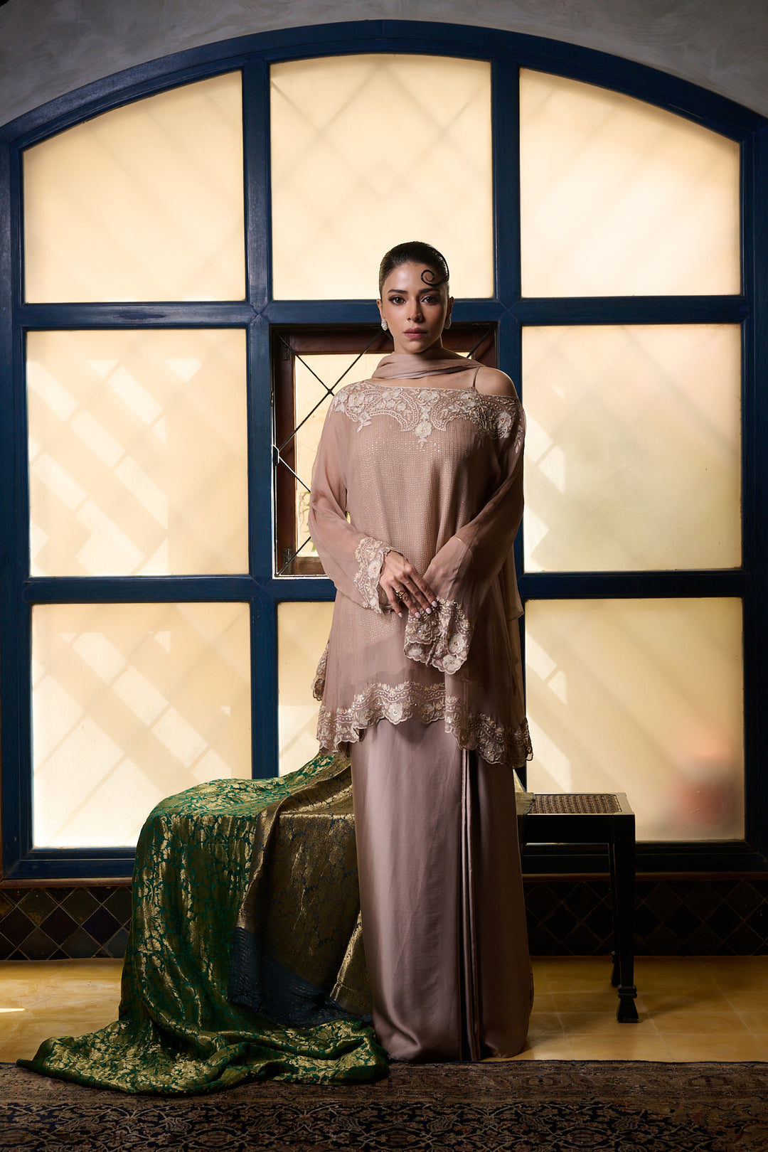 Maheen Khan - Venetian Lace  - DUSTY PINK - BLENDED SILK - 3 Piece