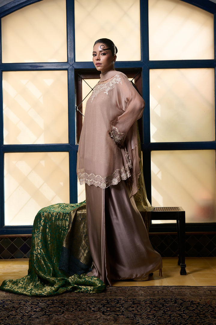Maheen Khan - Venetian Lace  - DUSTY PINK - BLENDED SILK - 3 Piece
