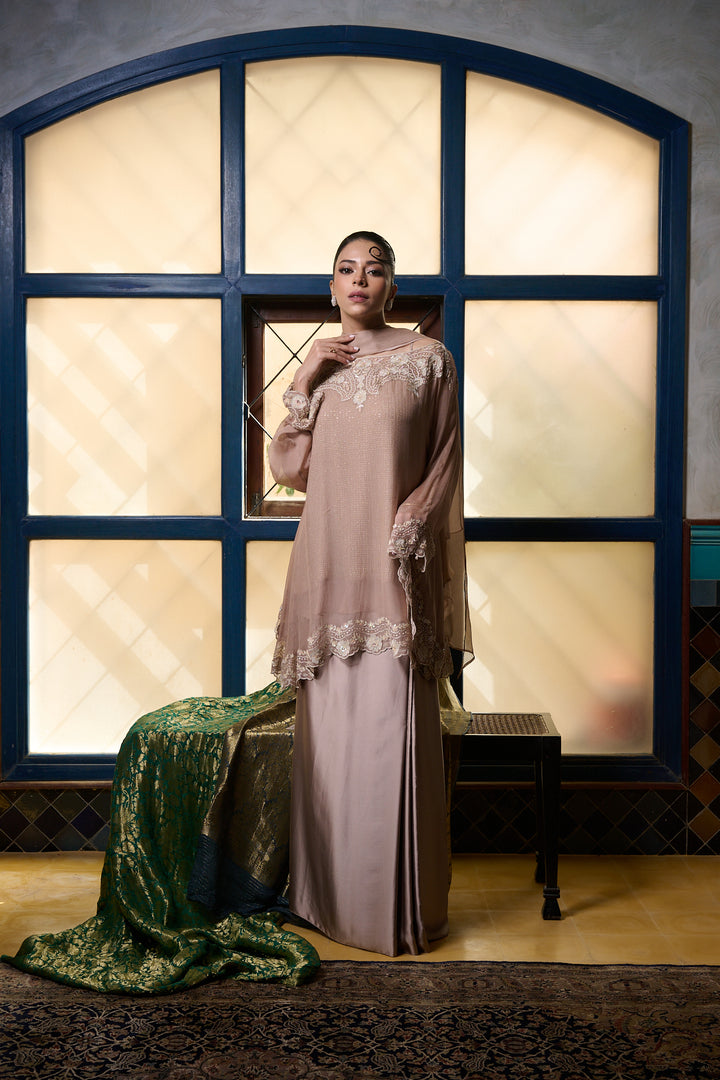 Maheen Khan - Venetian Lace  - DUSTY PINK - BLENDED SILK - 3 Piece