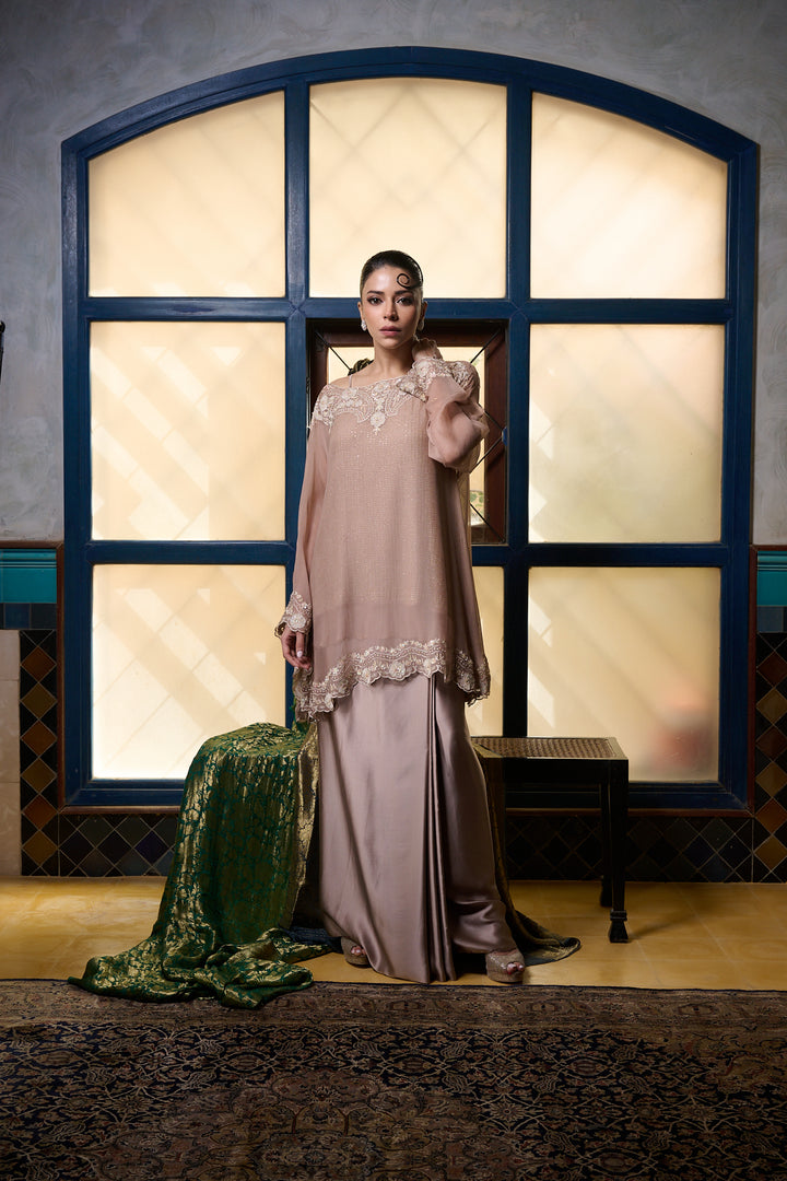 Maheen Khan - Venetian Lace  - DUSTY PINK - BLENDED SILK - 3 Piece