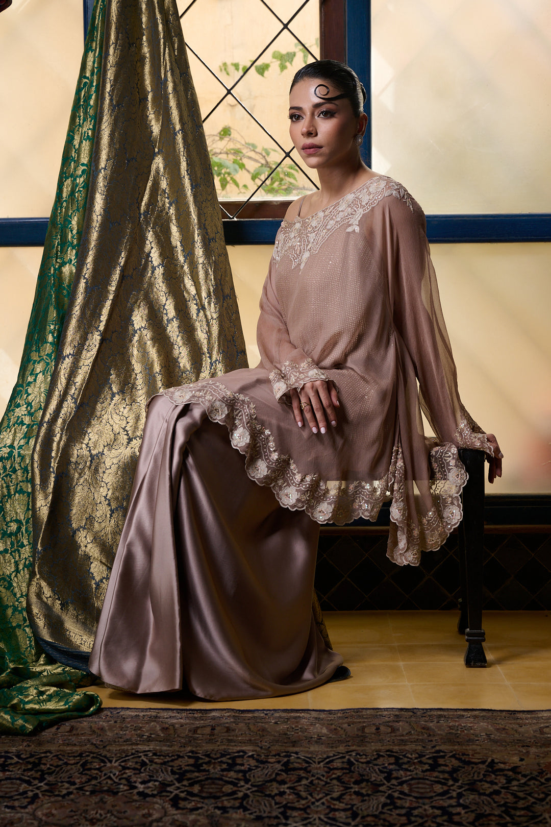 Maheen Khan - Venetian Lace  - DUSTY PINK - BLENDED SILK - 3 Piece