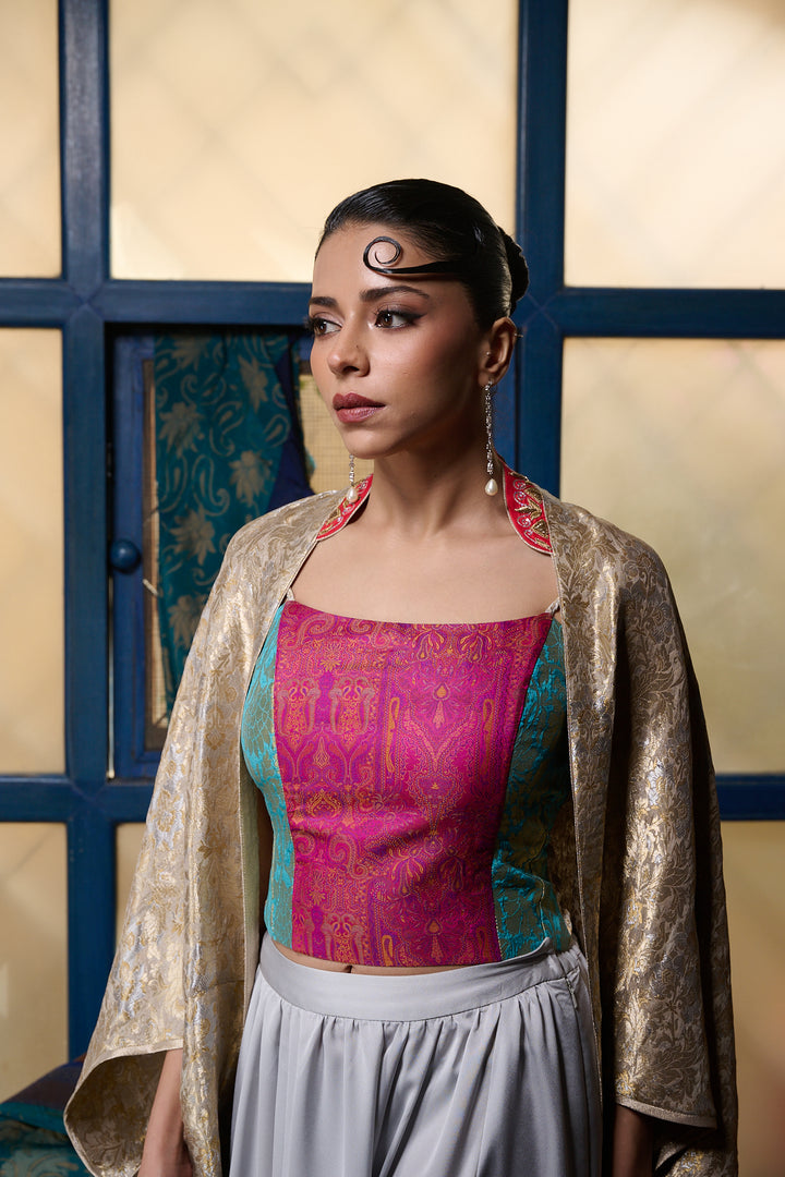 Maheen Khan - Corset With Straps - FUSCIA FEROZI GOLD - BROCADE - 1 Piece