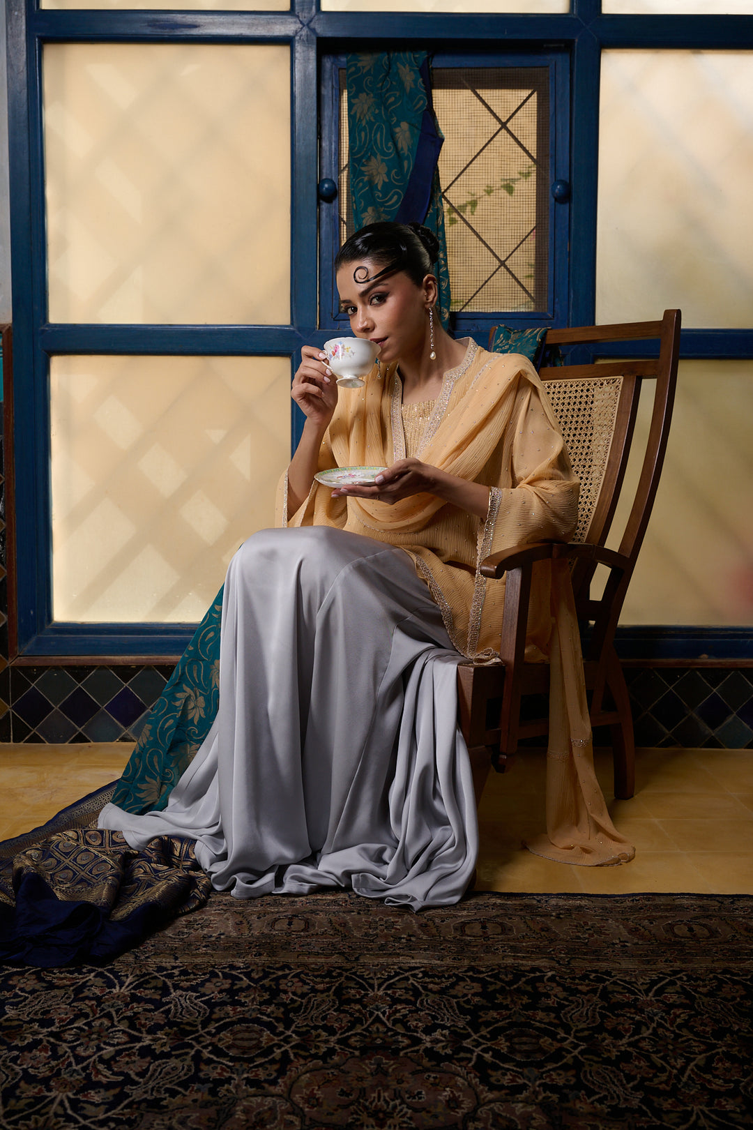 Maheen Khan - Pale Blue Lehnga Skirt - PALE BLUE GREY - BLENDED SILK - 1 Piece