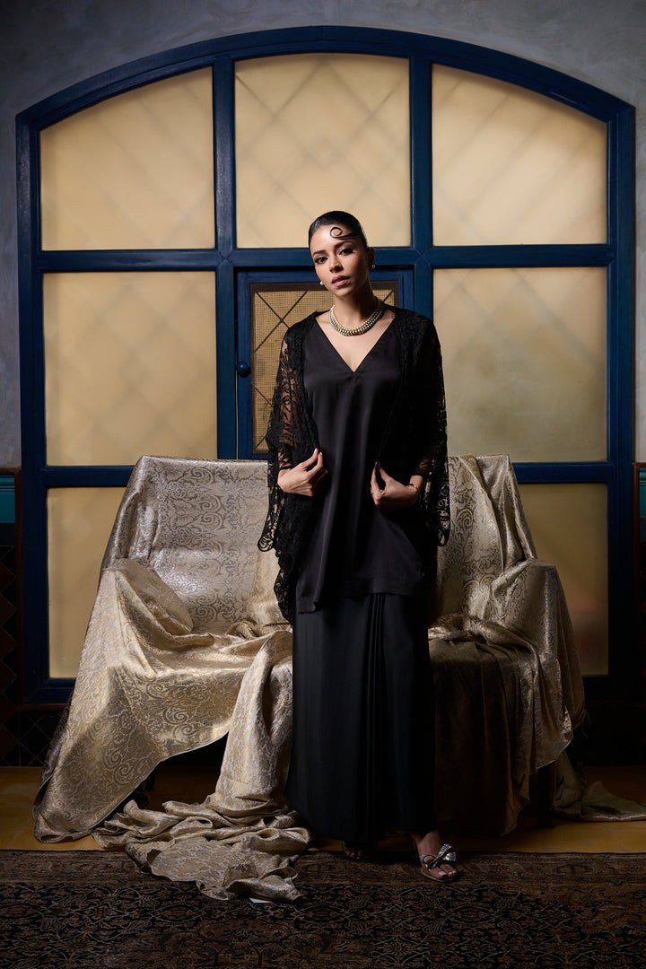 Maheen Khan - V Neck Tunic - BLACK - BLENDED SILK - 1 Piece