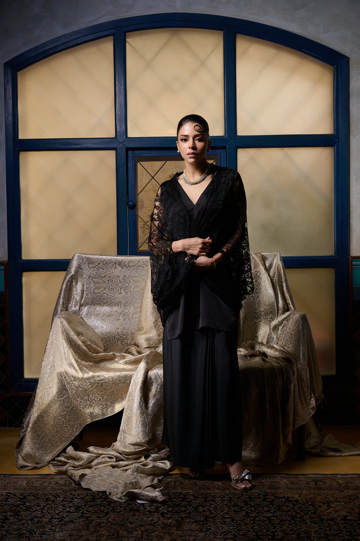 Maheen Khan - V Neck Tunic - BLACK - BLENDED SILK - 1 Piece