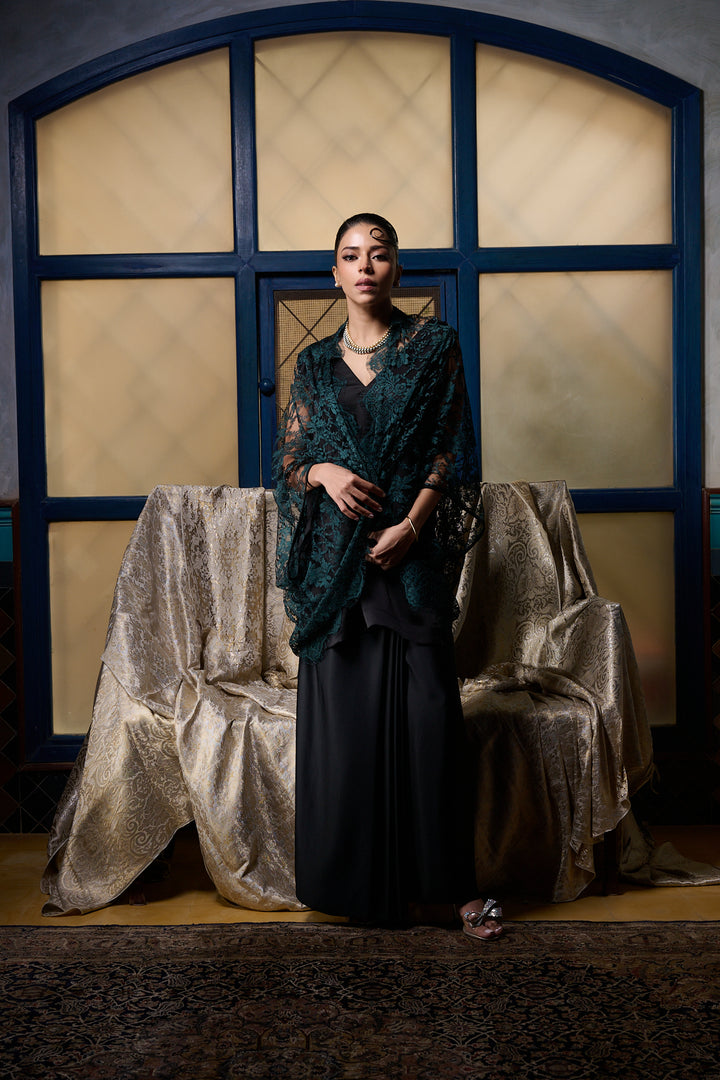 Maheen Khan - Emerald / Black Chantilly Cape Jacket - EMERELED - CHANTILY LACE - 1 Piece