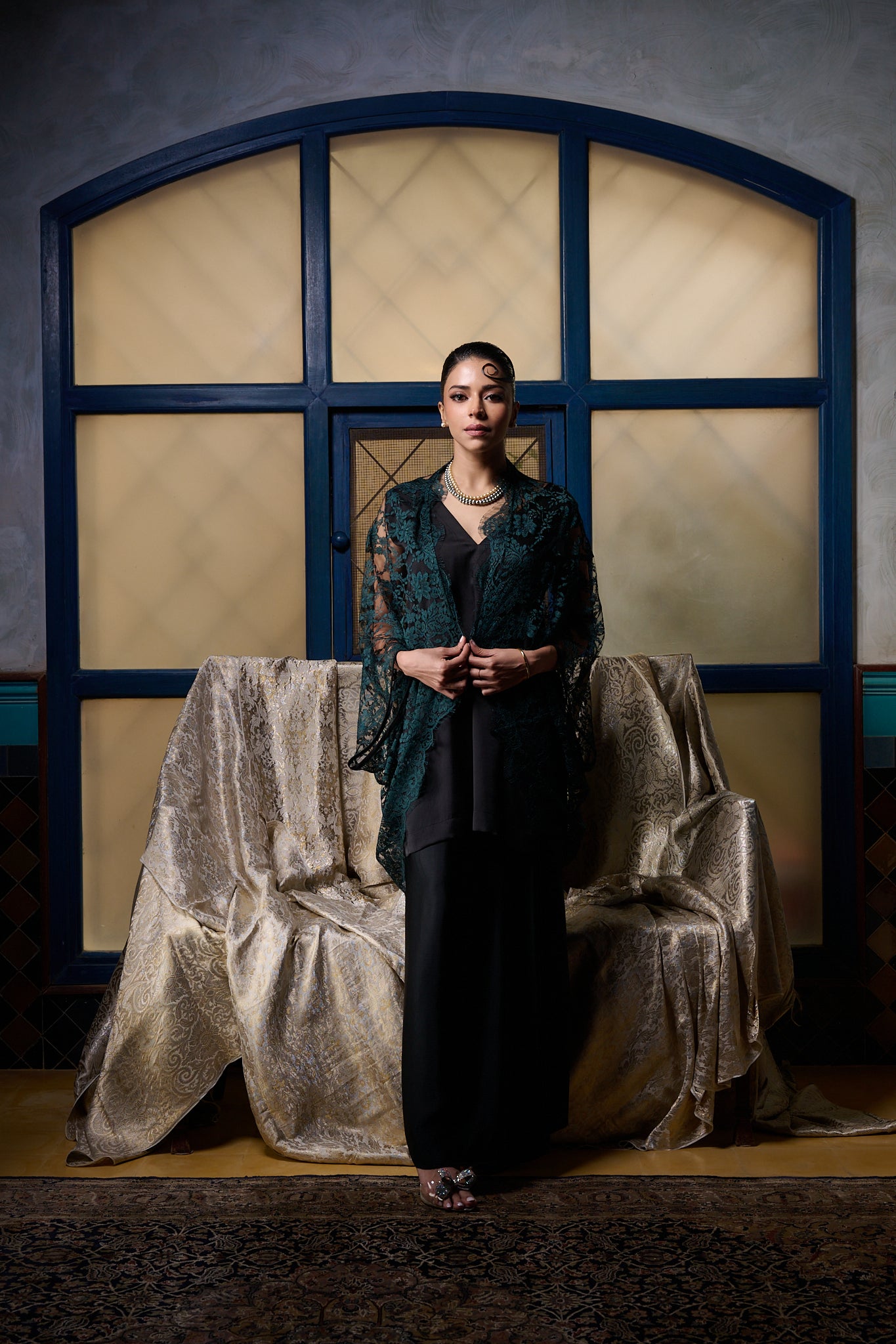 Shop Maheen Khan - Emerald / Black Chantilly Cape Jacket