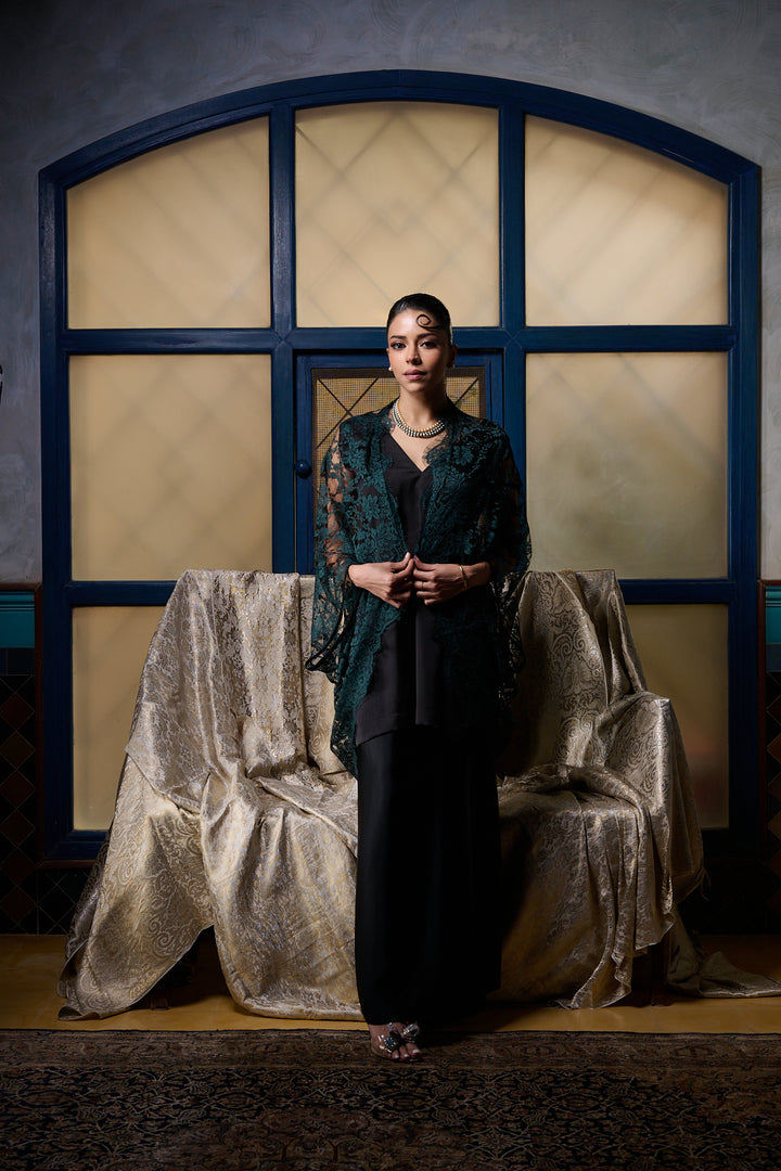 Maheen Khan - Emerald / Black Chantilly Cape Jacket - EMERELED - CHANTILY LACE - 1 Piece