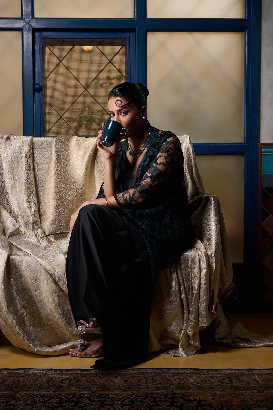 Maheen Khan - Emerald / Black Chantilly Cape Jacket - EMERELED - CHANTILY LACE - 1 Piece