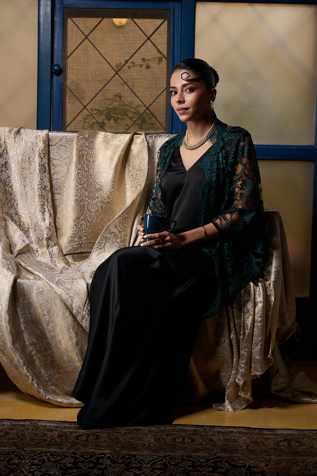 Maheen Khan - Emerald / Black Chantilly Cape Jacket - EMERELED - CHANTILY LACE - 1 Piece