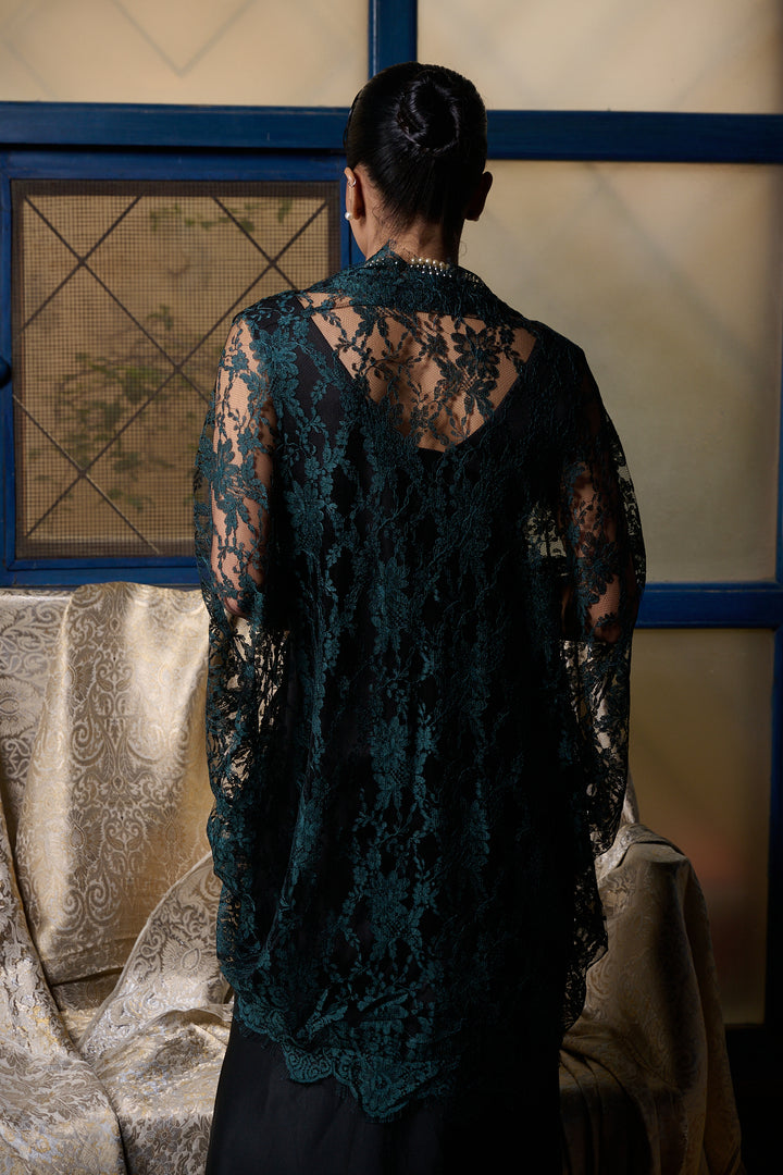 Maheen Khan - Emerald / Black Chantilly Cape Jacket - EMERELED - CHANTILY LACE - 1 Piece