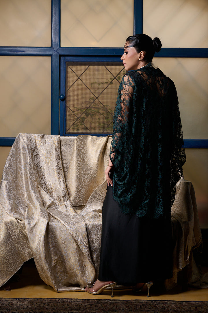 Maheen Khan - Emerald / Black Chantilly Cape Jacket - EMERELED - CHANTILY LACE - 1 Piece
