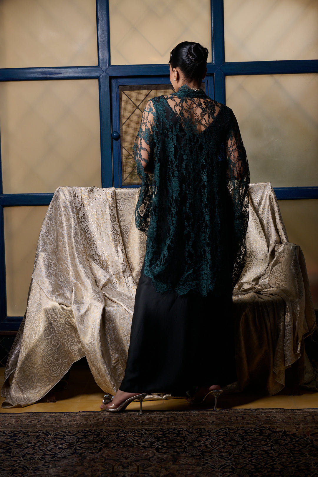 Maheen Khan - Emerald / Black Chantilly Cape Jacket - EMERELED - CHANTILY LACE - 1 Piece