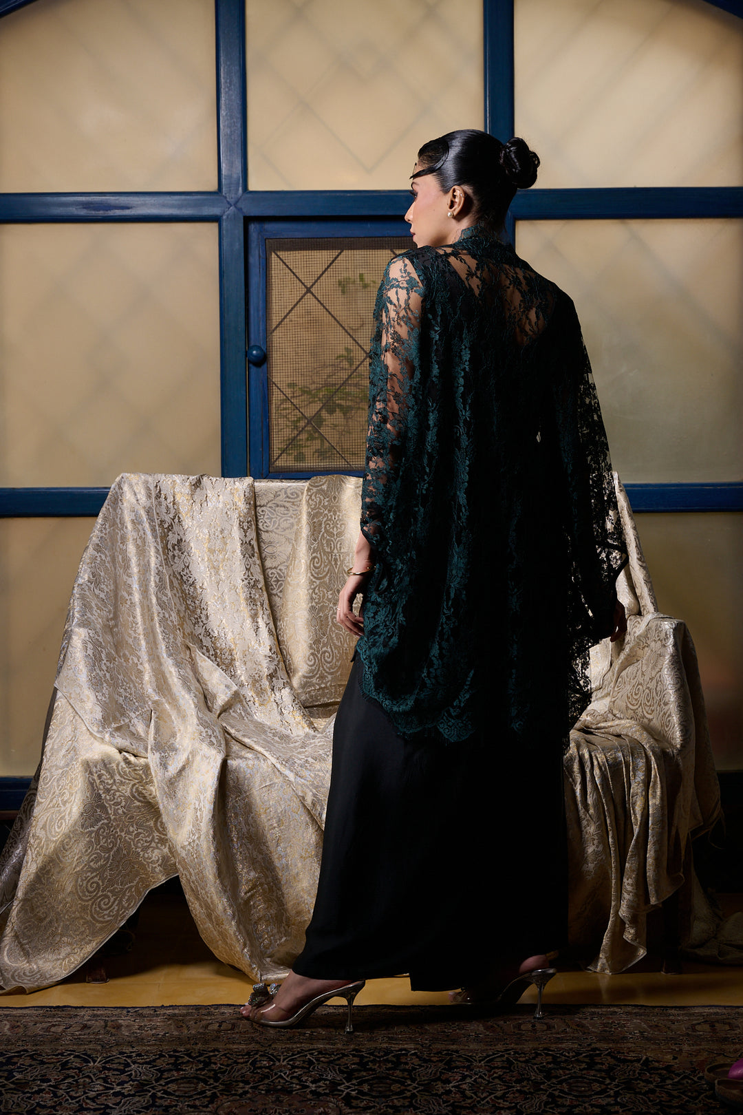 Maheen Khan - Emerald / Black Chantilly Cape Jacket - EMERELED - CHANTILY LACE - 1 Piece