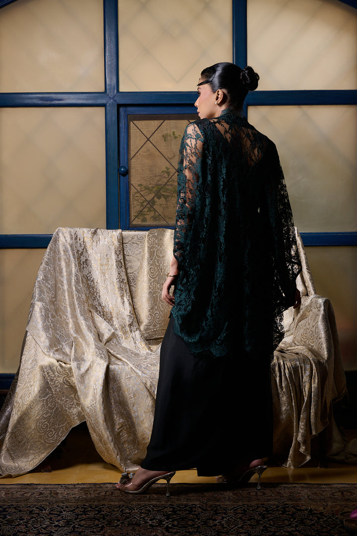 Maheen Khan - Emerald / Black Chantilly Cape Jacket - EMERELED - CHANTILY LACE - 1 Piece