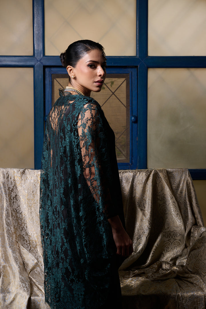 Maheen Khan - Emerald / Black Chantilly Cape Jacket - EMERELED - CHANTILY LACE - 1 Piece