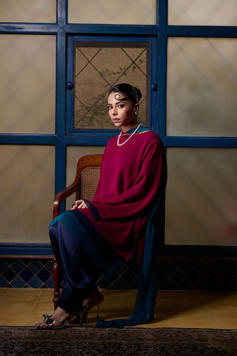 Gulabo - BERRY STUNNA - Blended Chiffon + Satin Silk - Fuchsia/Navy/ Emerald - 3 Piece