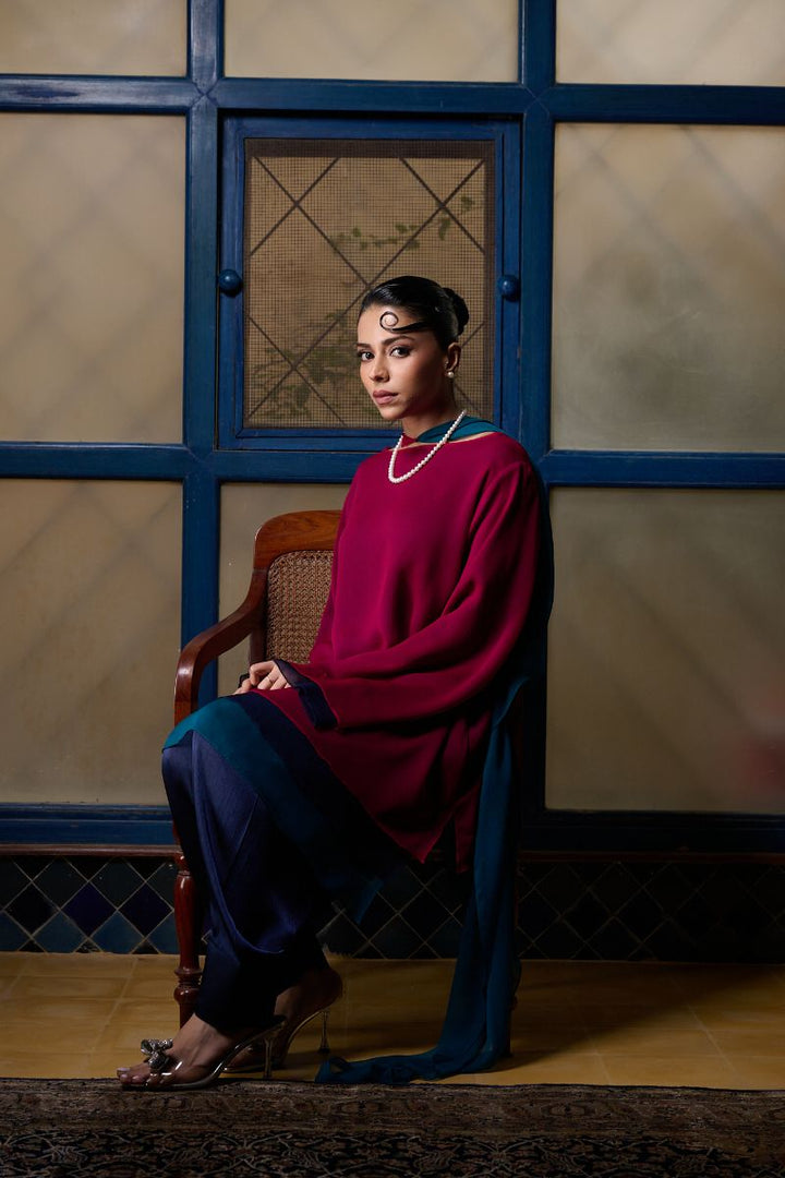 Gulabo - BERRY STUNNA - Blended Chiffon + Satin Silk - Fuchsia/Navy/ Emerald - 3 Piece