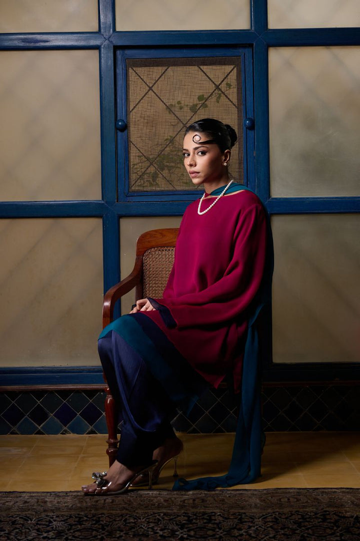 Gulabo - BERRY STUNNA - Blended Chiffon + Satin Silk - Fuchsia/Navy/ Emerald - 3 Piece